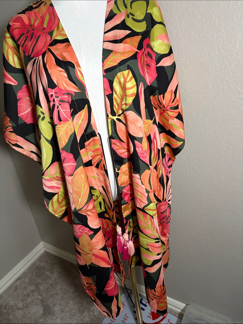 Chico's Black Swim Cover-Up with Coral, Pink & Lime Leaf Print